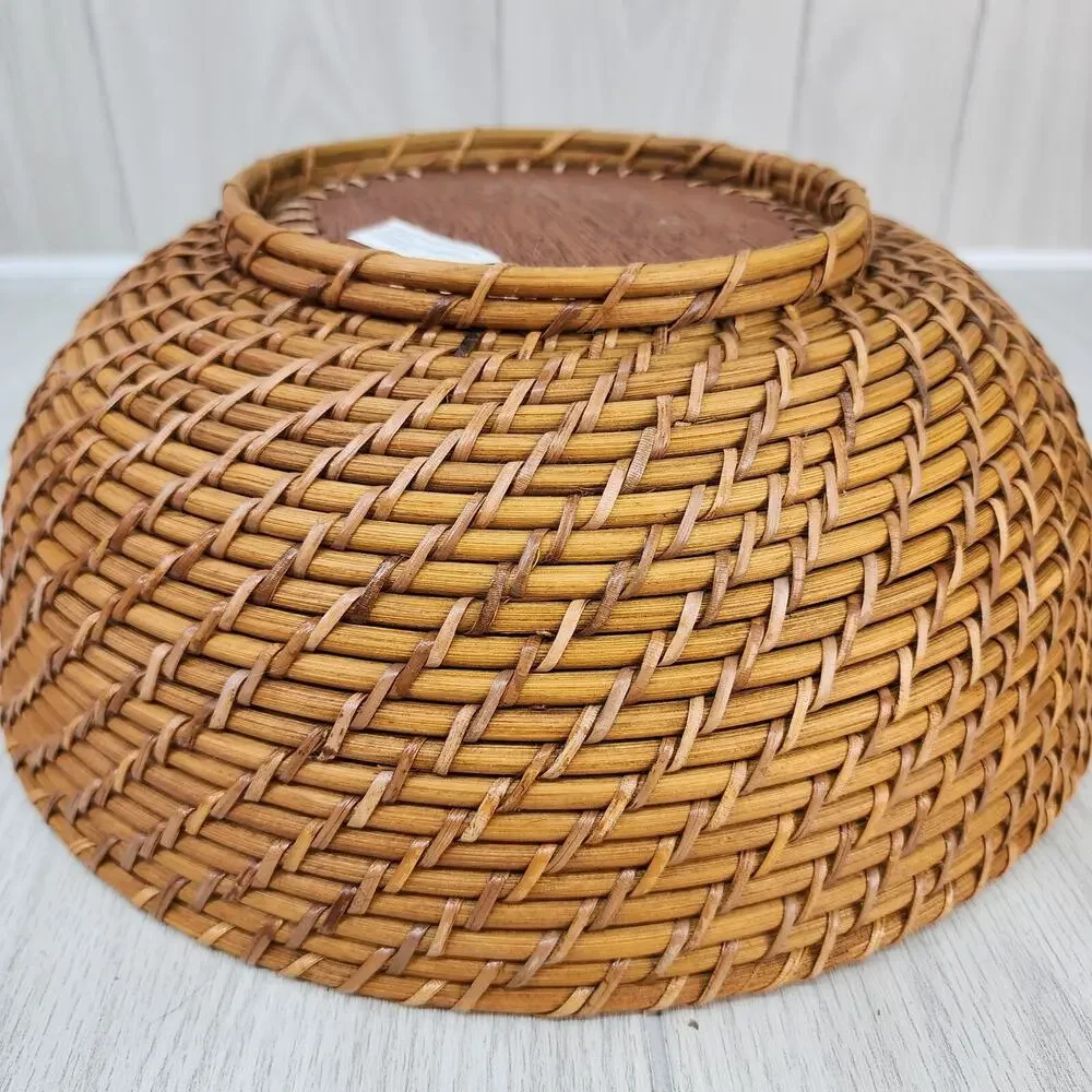 Boho Wicker Woven Fruit Basket United Wood Base Wide Oval Serving Storage 13x5
